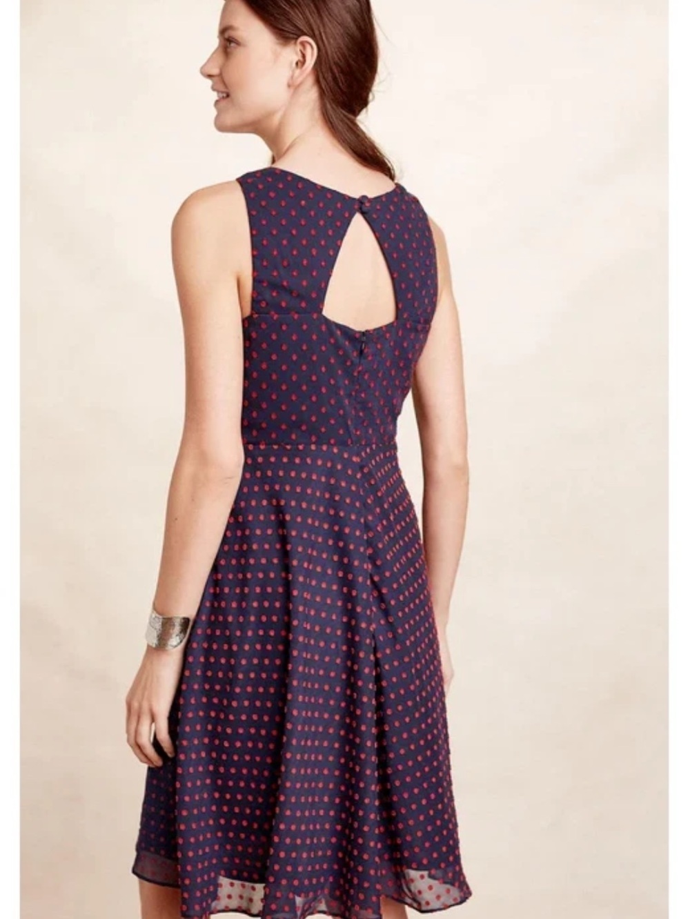 Eva Franco Anthropologie Maryann Navy Red Clip Dot Sleeveless Dress 8 Ruffle - Picture 2 of 14